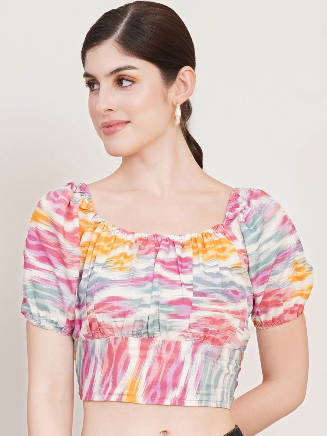 Moda Rapido Tie and Dye Print Puff Sleeve Crepe Blouson Crop Top