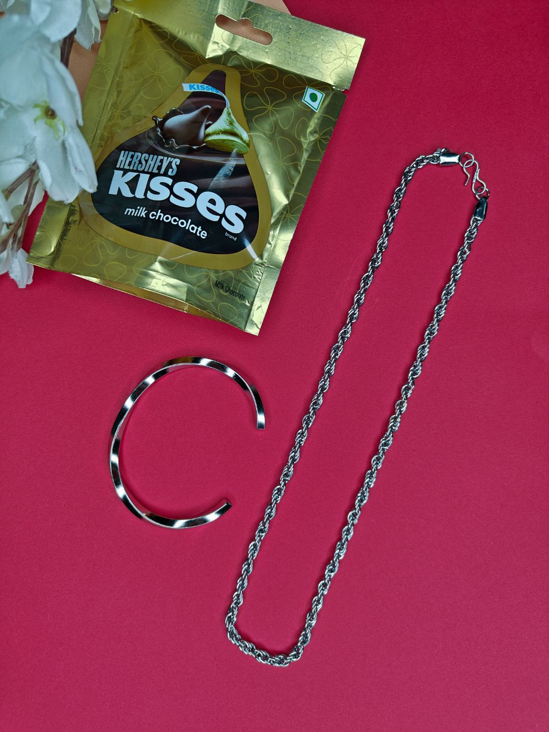 NVR Men's Silver-Plated Stainless Steel Chain and Cuff Bracelet with Chocolate