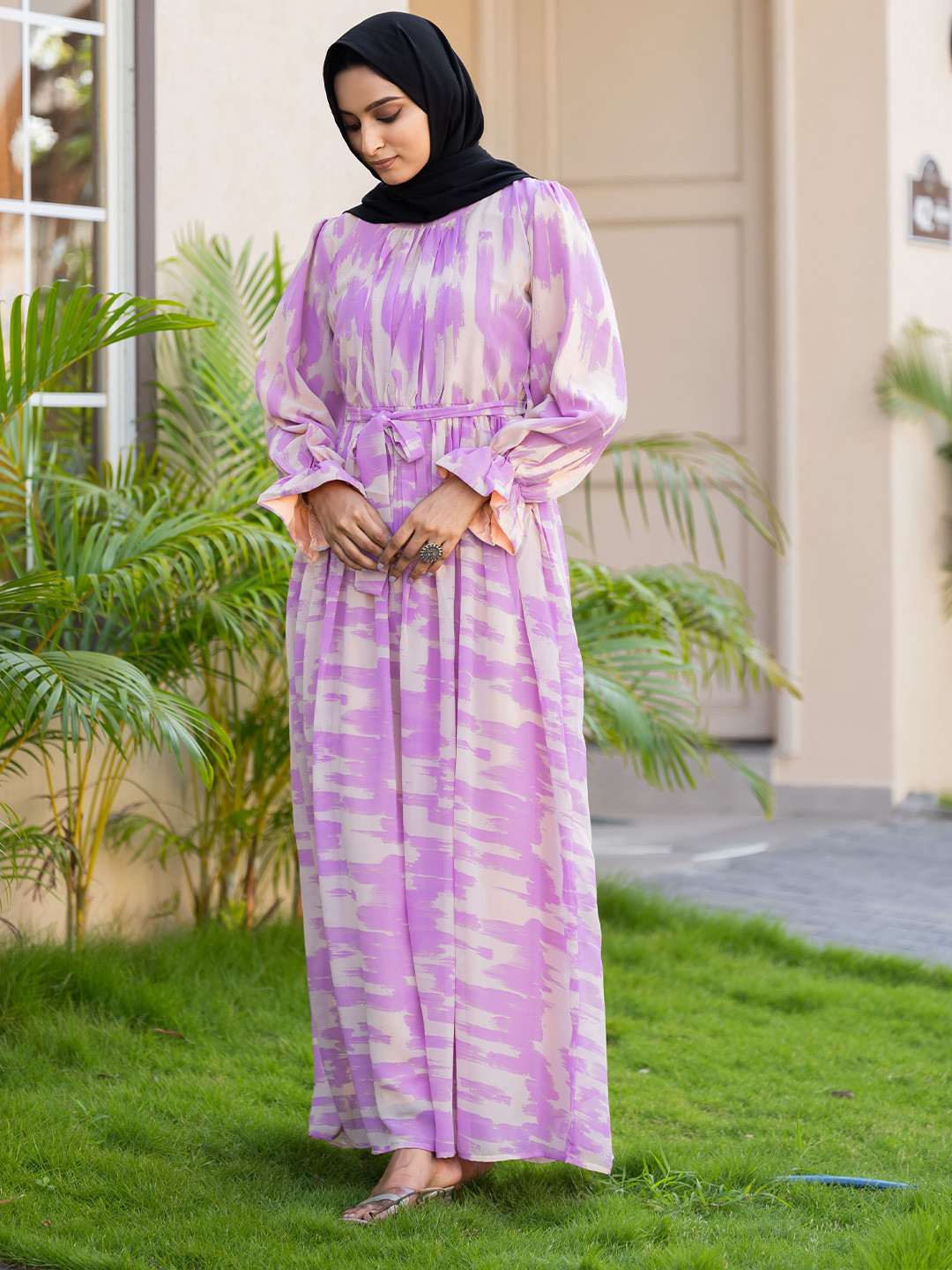 SARINKU Puff Sleeve Georgette Fit & Flare Abaya Maxi Dress