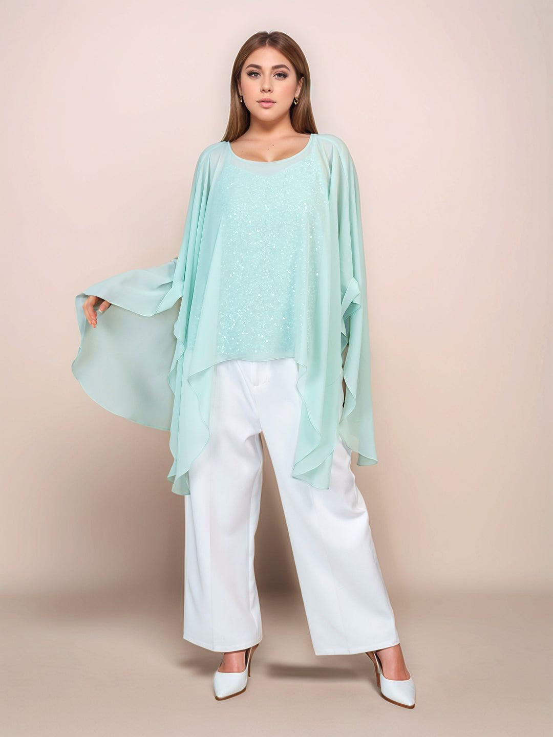 Zink London Mint Colored Solid Relaxed Fit Kimono Sleeve Kaftan Longline Top