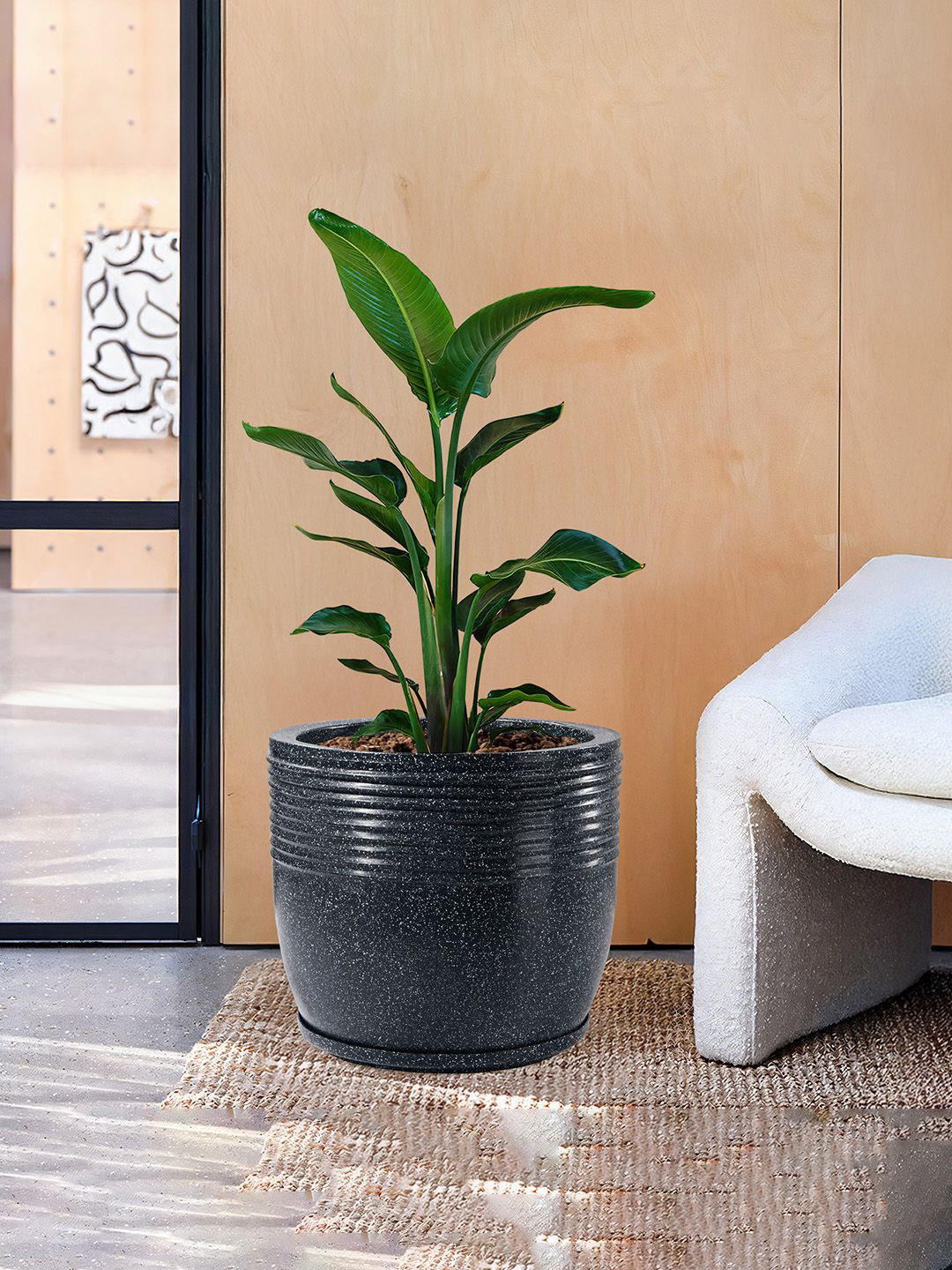 Kuber Industries Black & White Textured Roto Mould Flower Planters With Tray