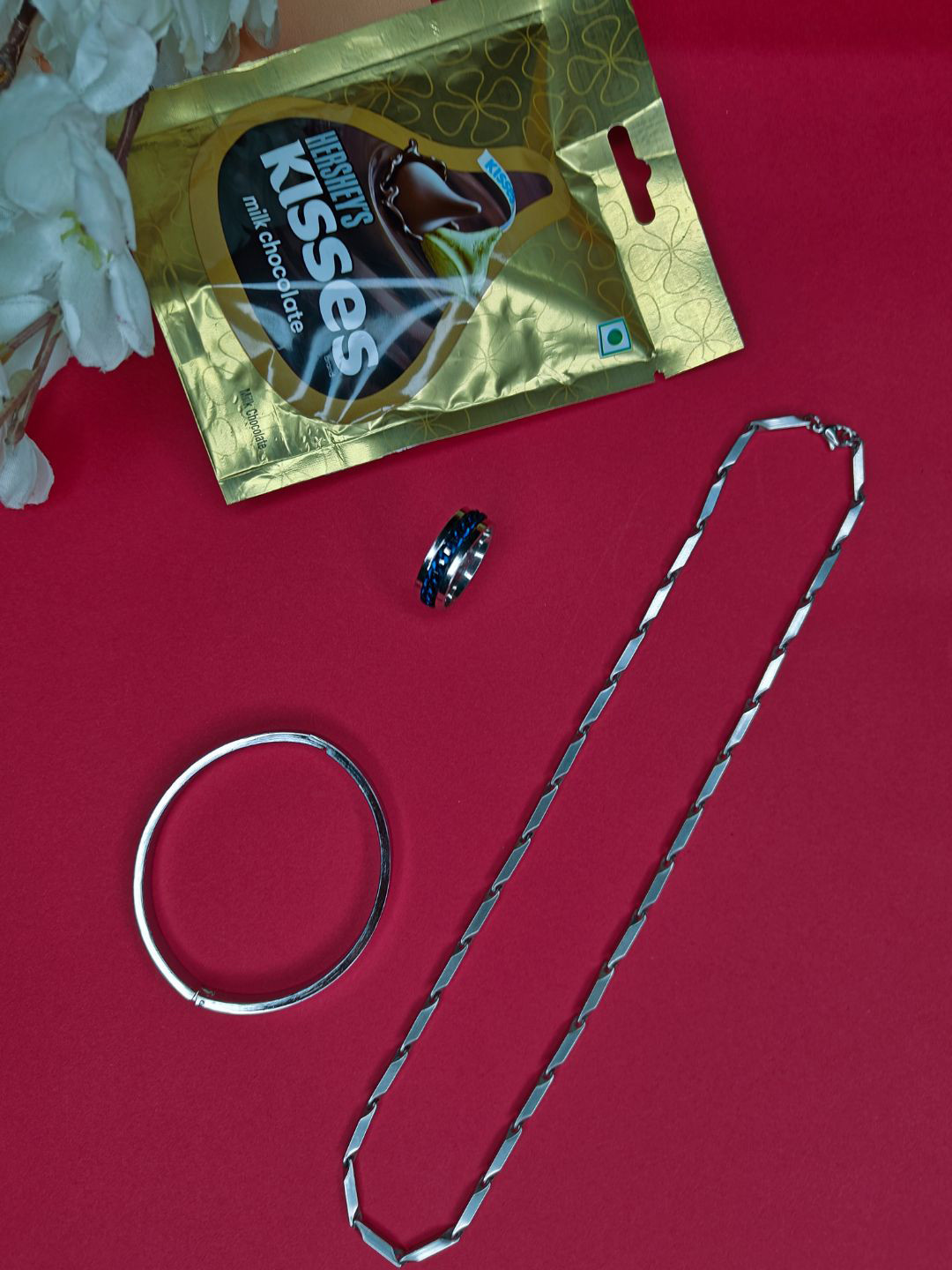 NVR Men's Rhodium-Plated Stainless Steel Bohemian Valentine Special Set with Chocolate