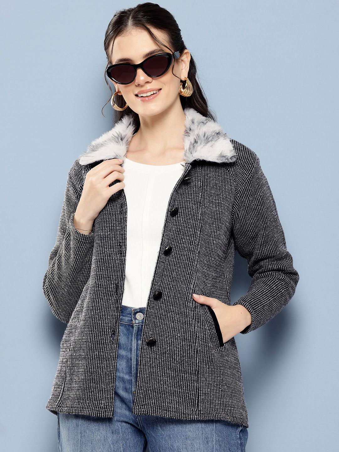 BAESD Women Shirt Collar Woollen Sweater with Fuzzy Detail