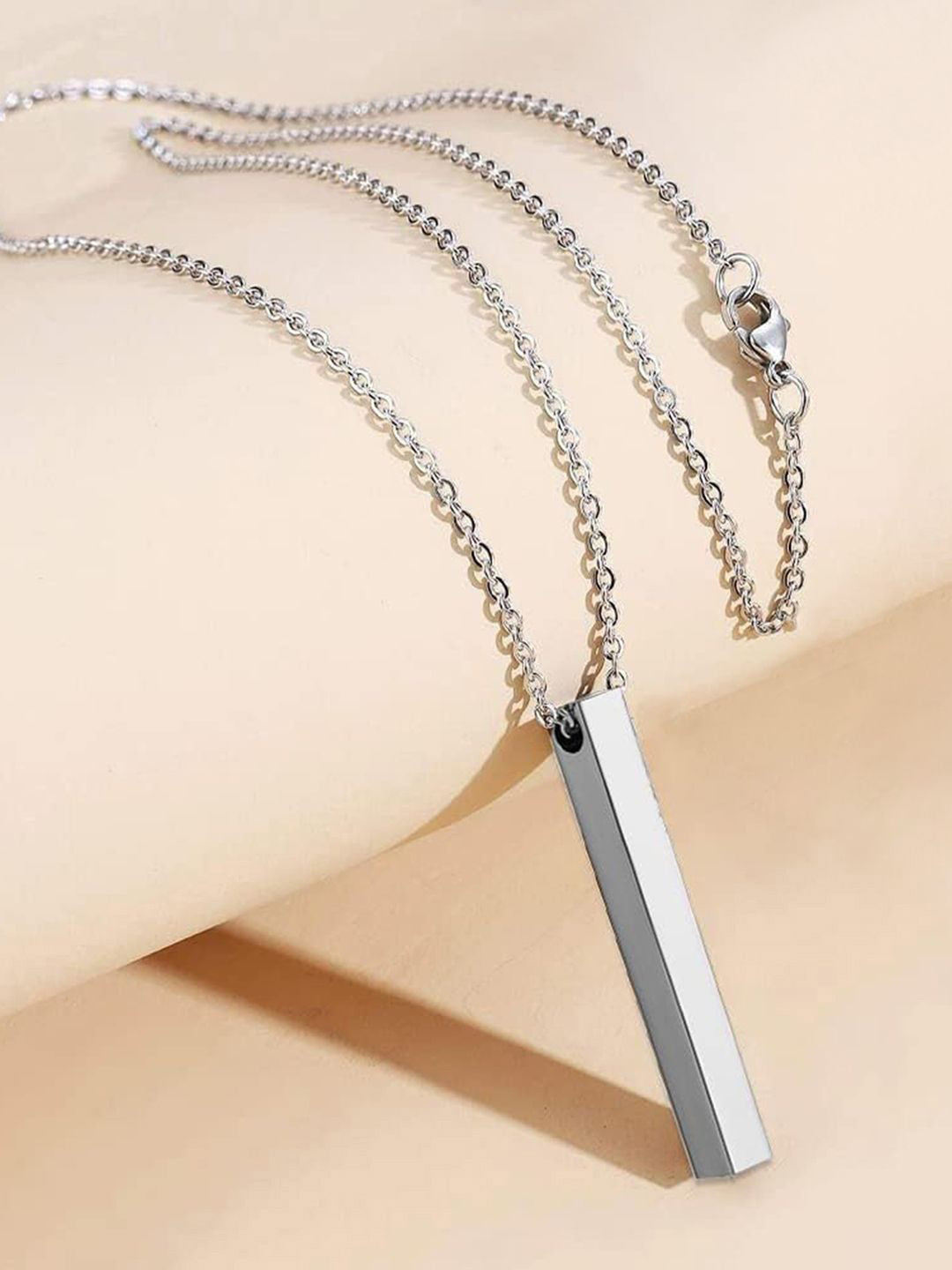 Peora Men Silver-Plated Stainless Steel 3D Cuboid Vertical Bar/Stick Pendant With Chain