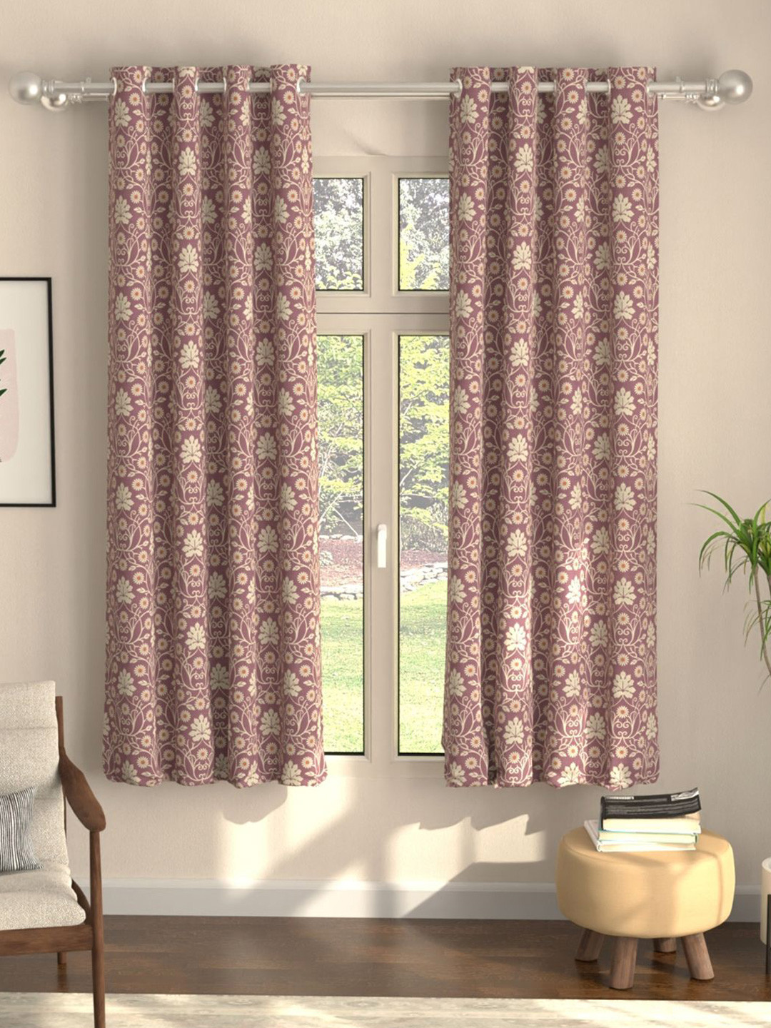 URBAN SPACE Mystic Violet & White 2 Pieces Floral Printed Black Out Window Curtains
