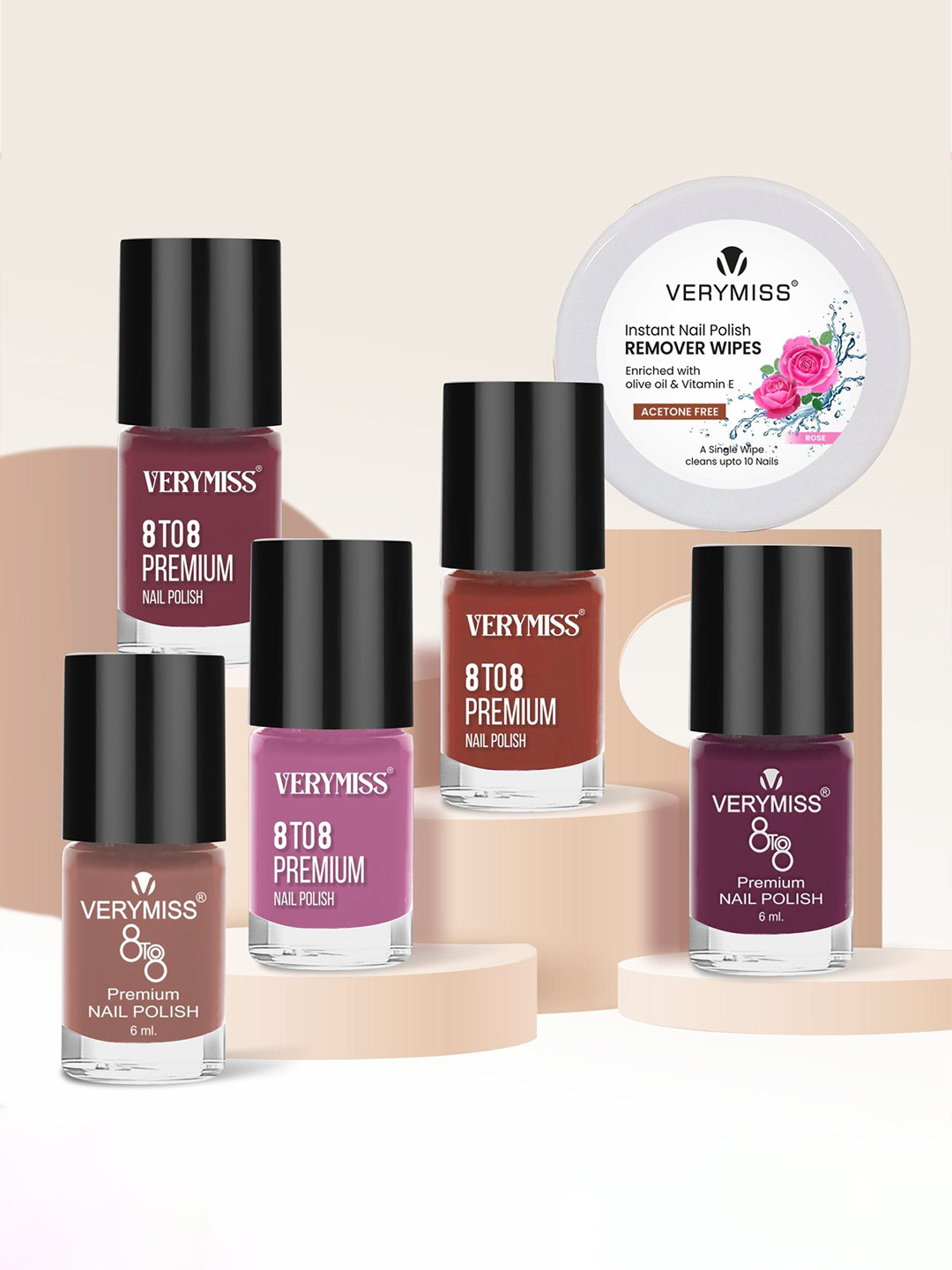 VERYMISS Set Of 5 Trending Nail Polish - 6 ml Each With Nail Polish Remover Wipes - 10