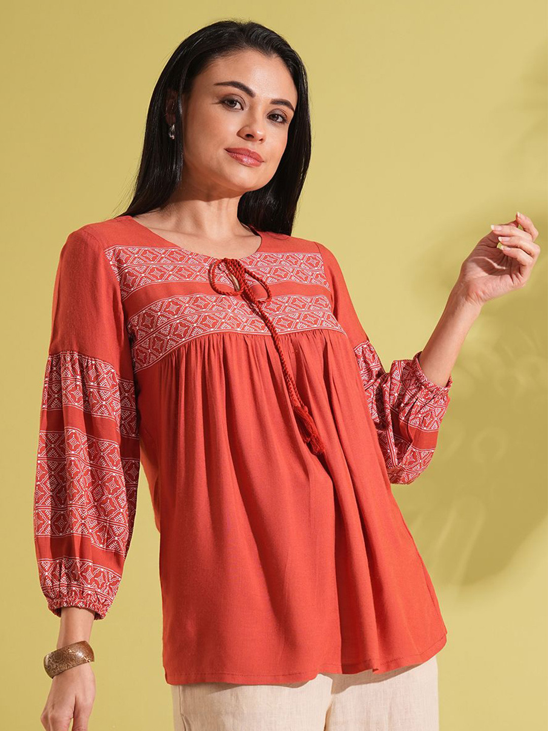 Globus Tie-Up Round Neck Bishop Sleeves Ethnic Print Gathered A-Line Workwear Tunic