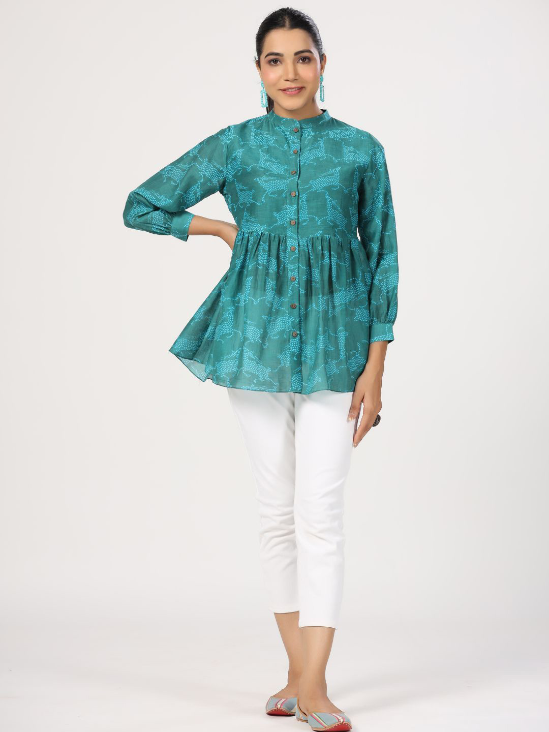 JAIPURRANG Animal Print Mandarin Collar Cotton Peplum Tunic