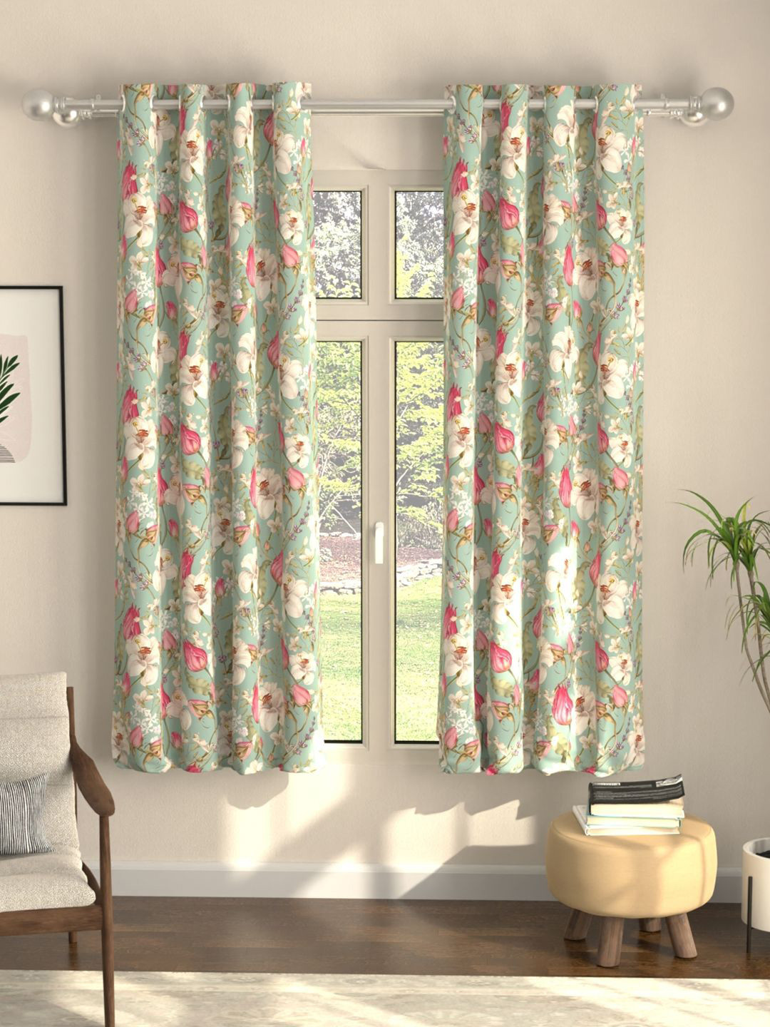 URBAN SPACE Green Pack of 2 Floral Printed Digital Nova Sage Black Out Window Curtains