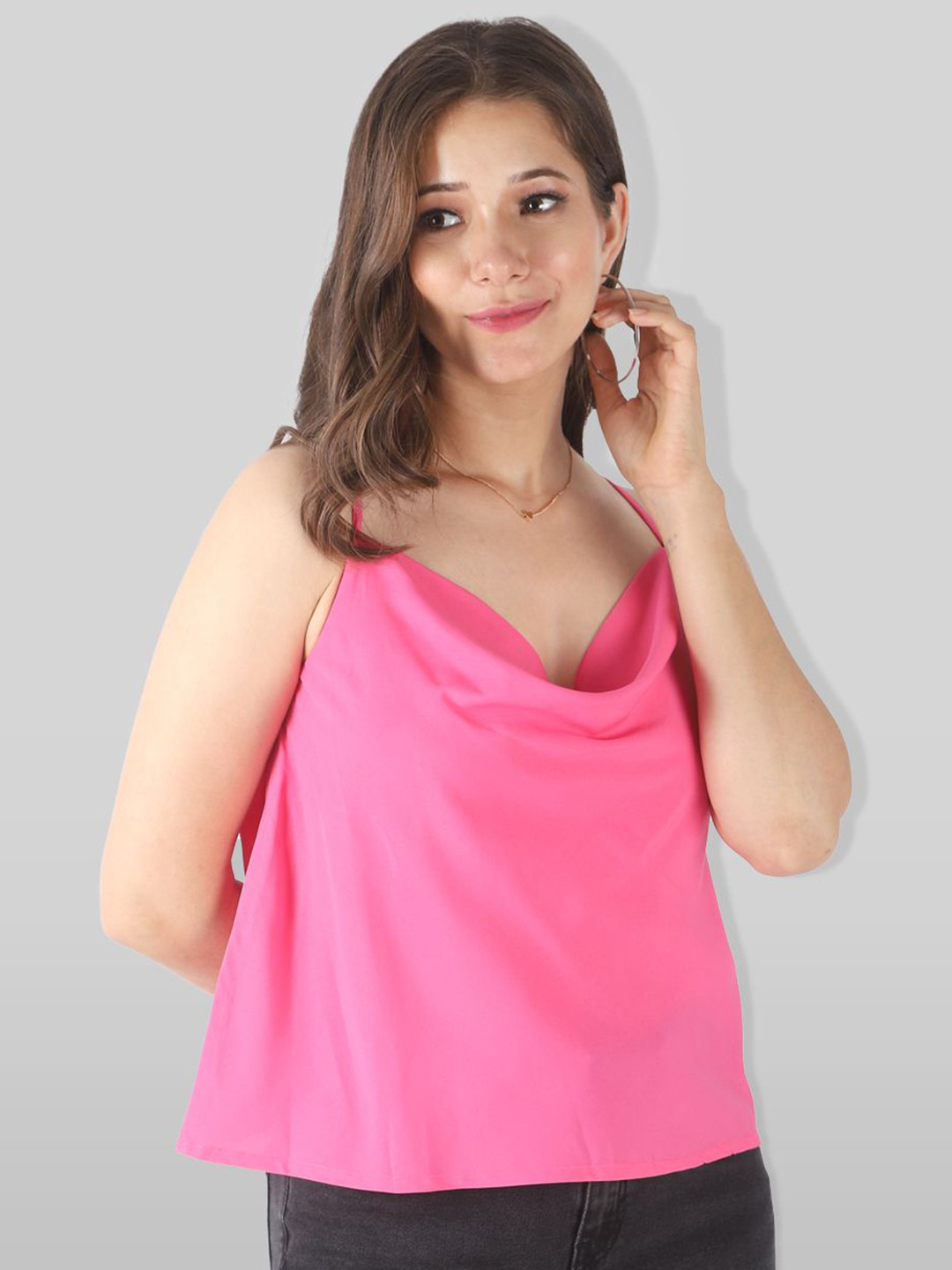 Fuchsia Women Solid Pink Cowl Neck Crop Sleeveless Top