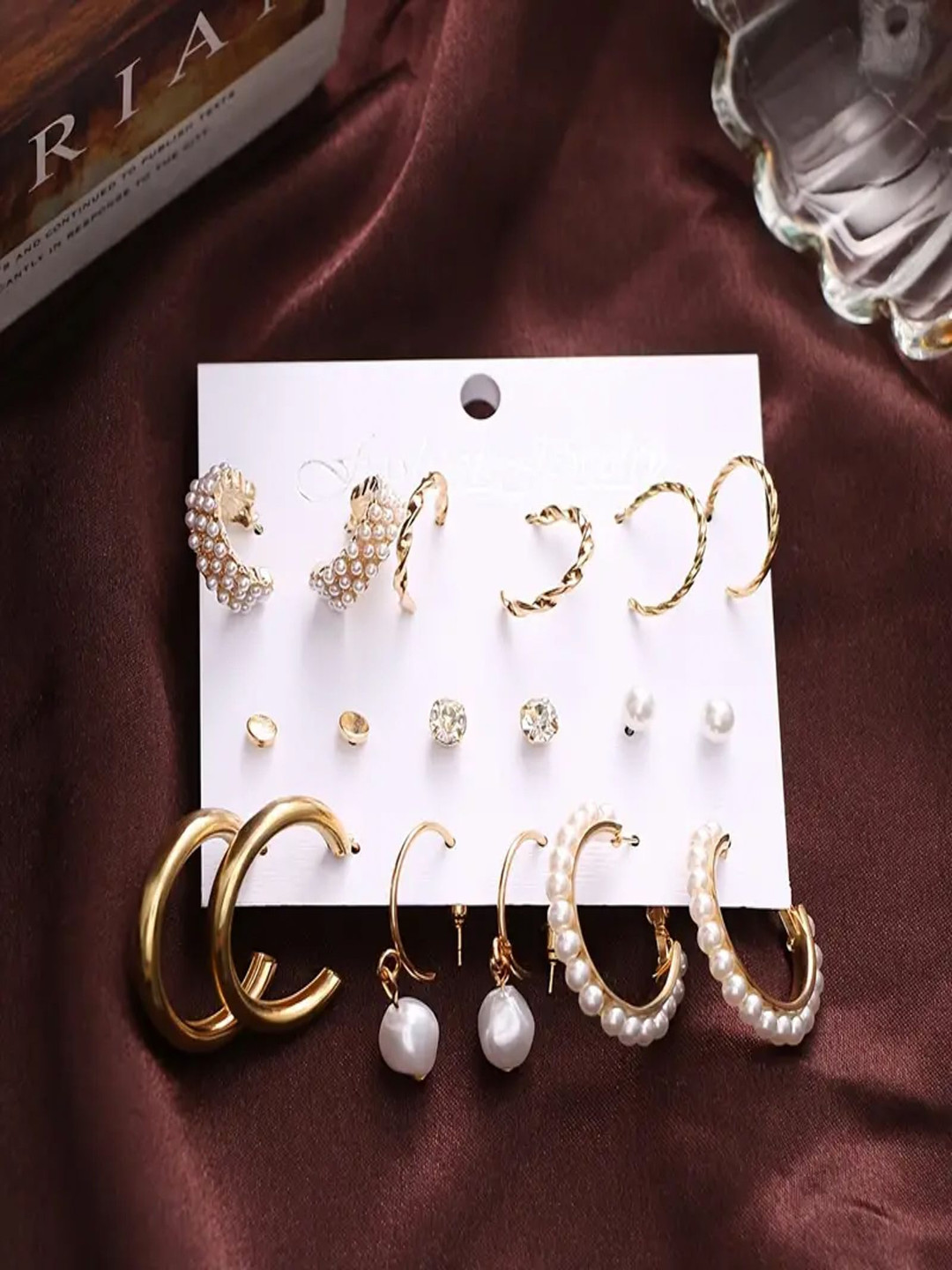 PolluxCraft Korean Set Of 9 Gold-Plated Pearls Circular Shaped Hoop Earrings