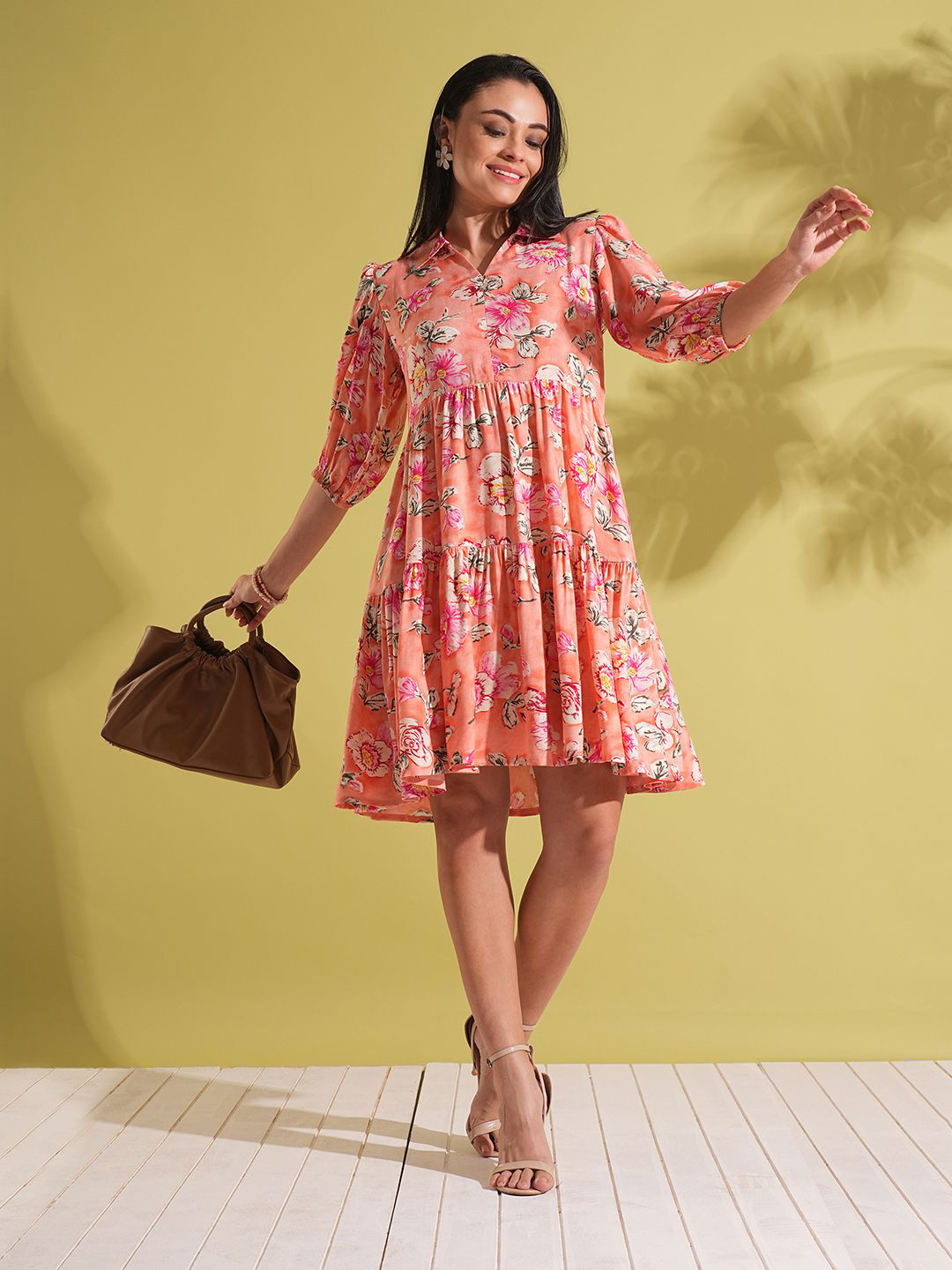 Globus Floral Print Shirt Collar Puff Sleeves Tiered Knee Length Fusion Dress