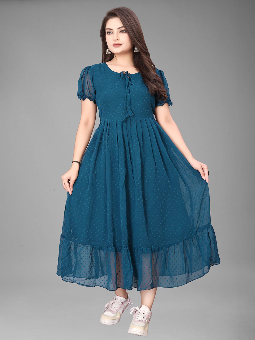 QENA Polka Dot Tie-Up Neck Puff Sleeve Georgette Empire Midi Dress