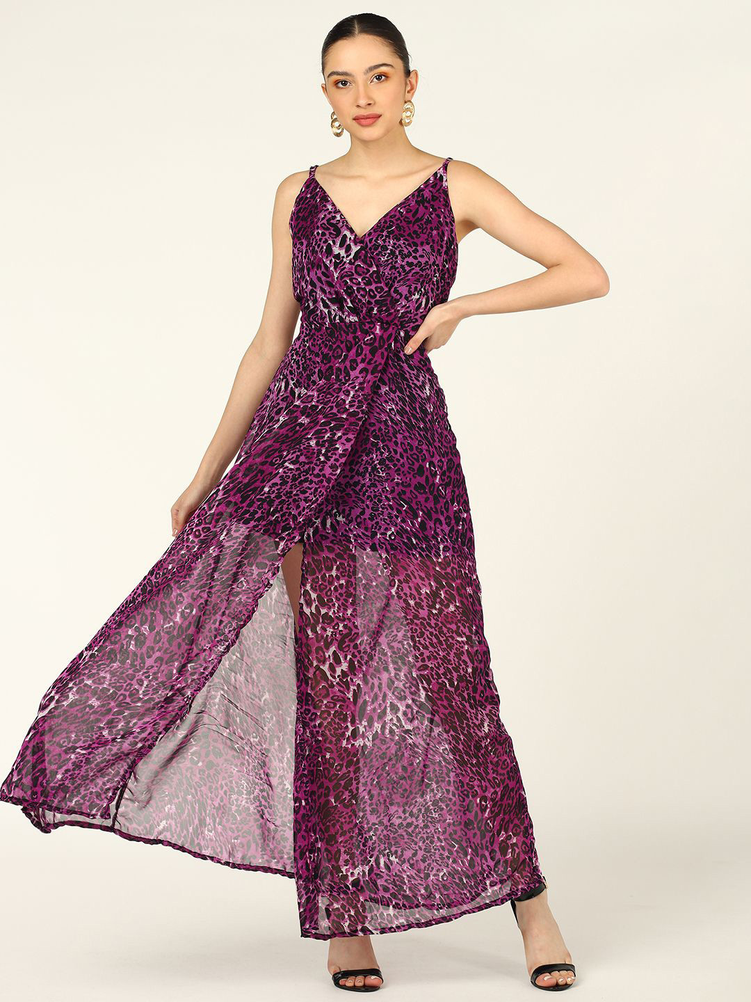 MISS HAUTE Animal Printed Shoulder Straps Wrap Maxi Dress