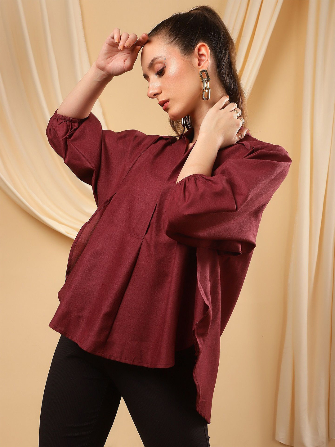 Bani Women Mandarin Collar Puff Sleeve Cotton Boxy Longline Top