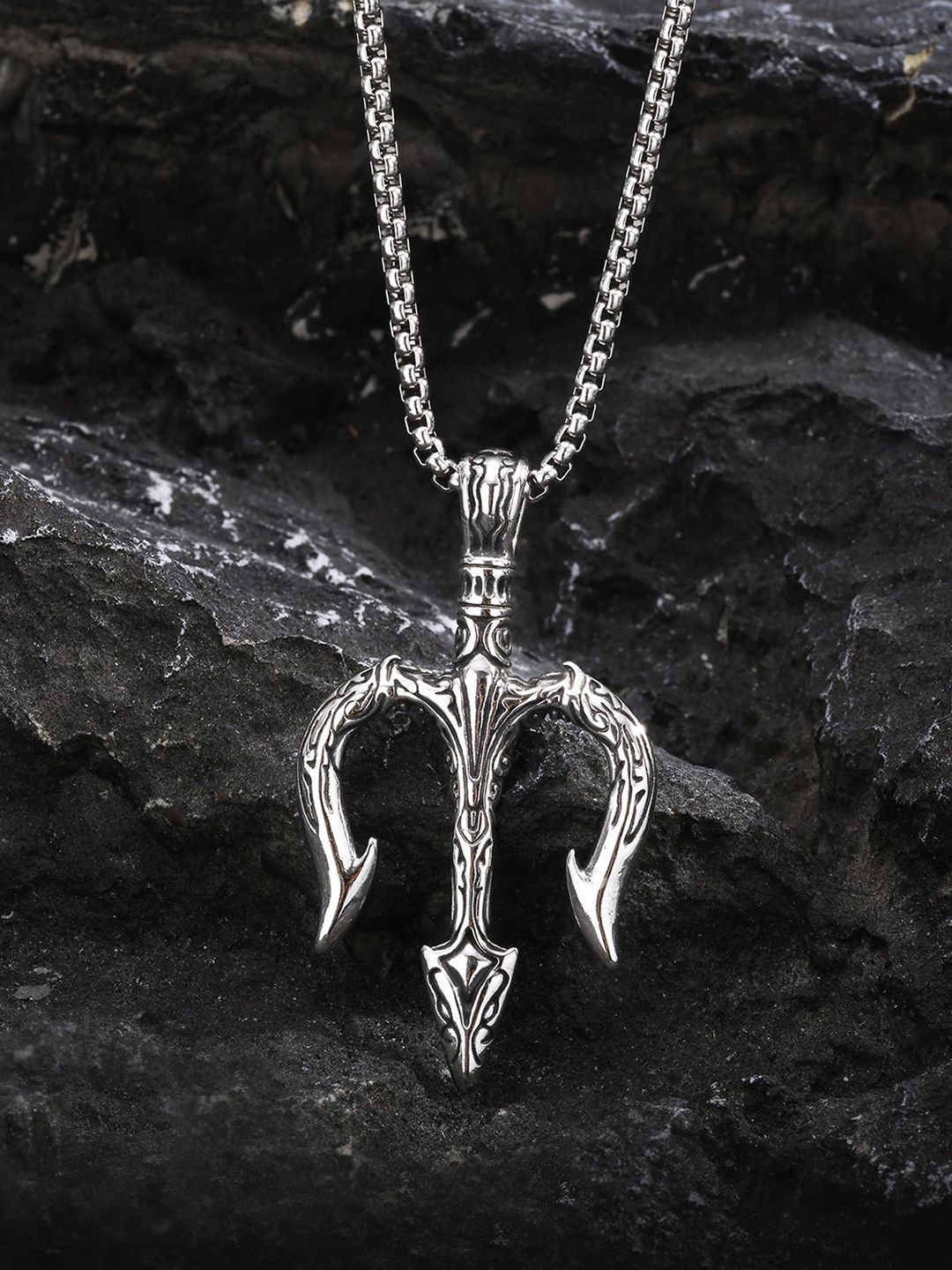Peora Men Silver-Plated Stainless Steel Fancy Trishul Pendant with Chain