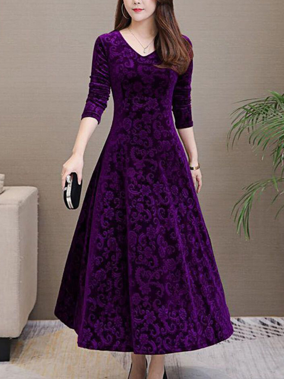 WESTCHIC Floral Self Design Velvet Fit & Flare Maxi Dress