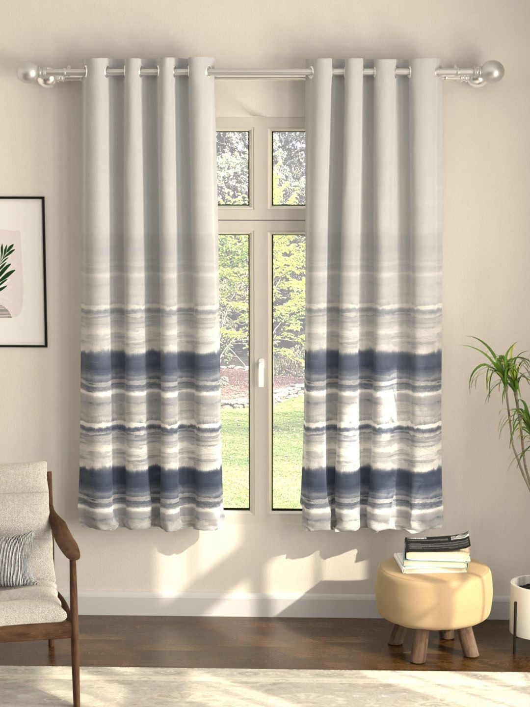 URBAN SPACE Navy Blue & White Pack of 2 Colourblocked Black Out Window Curtains