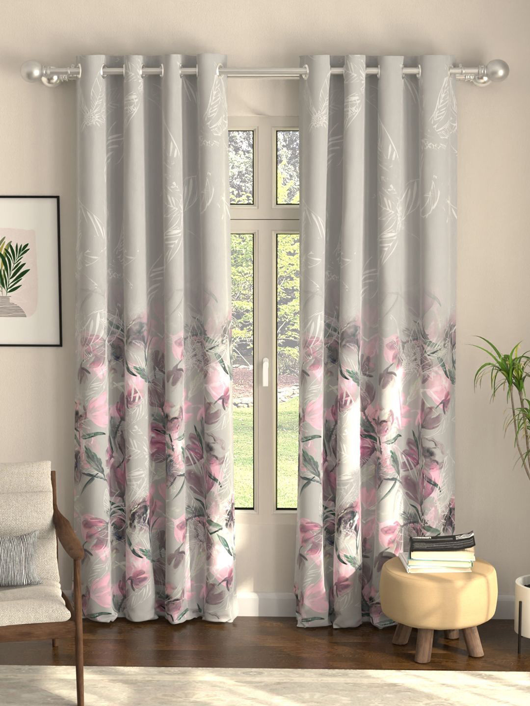 URBAN SPACE Pink Pack of 2 Floral Printed Digital Winter Crocus Black Out Door Curtains