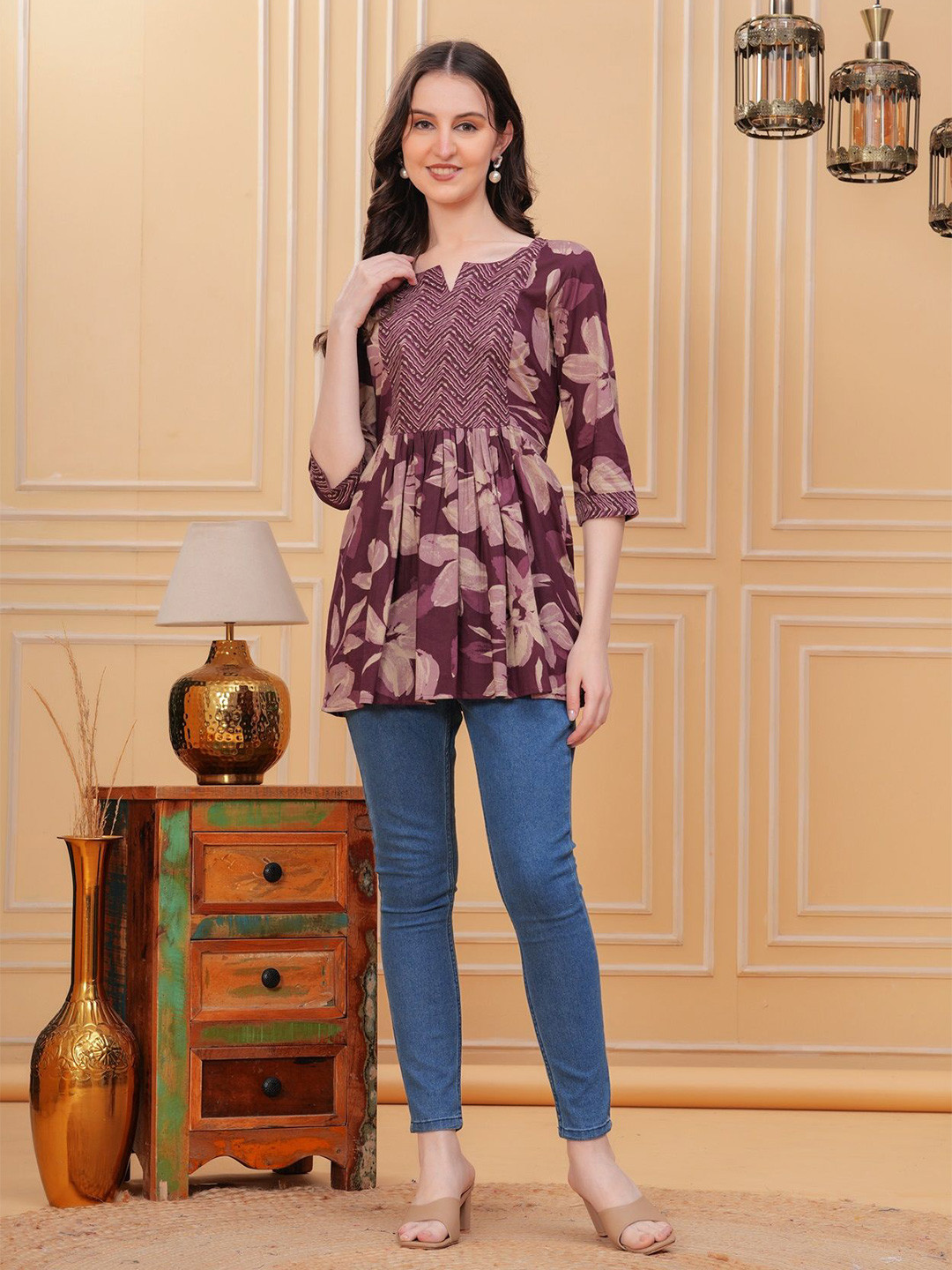 KIRNYA Floral Print Cotton Top