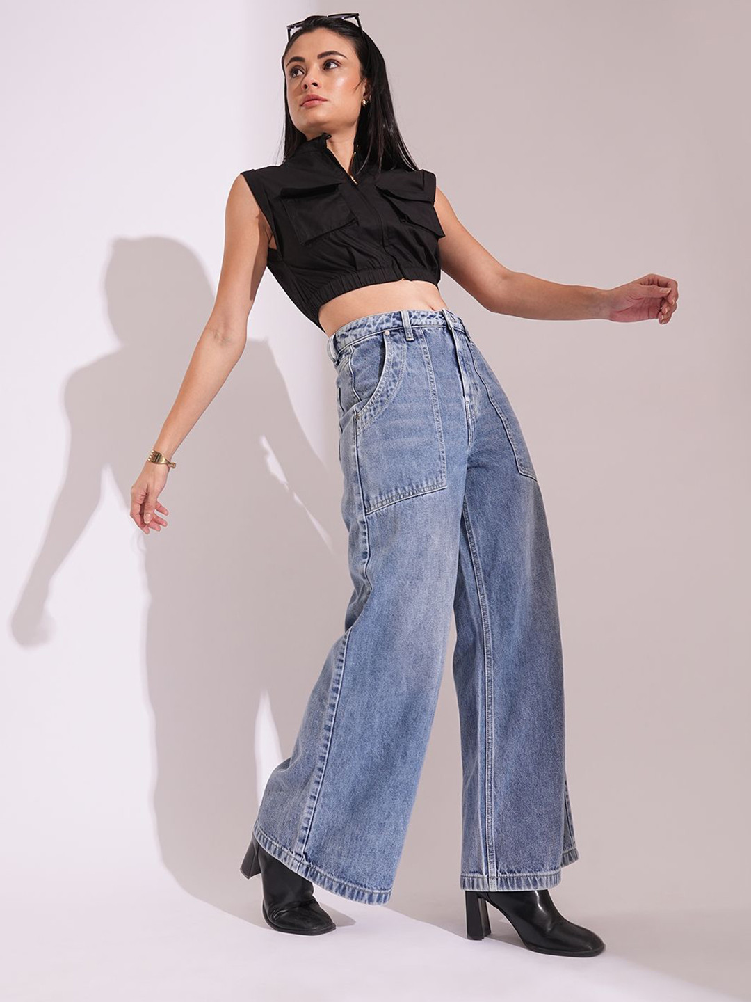Globus Cotton High Rise Whiskers Effect Wide Leg Jeans