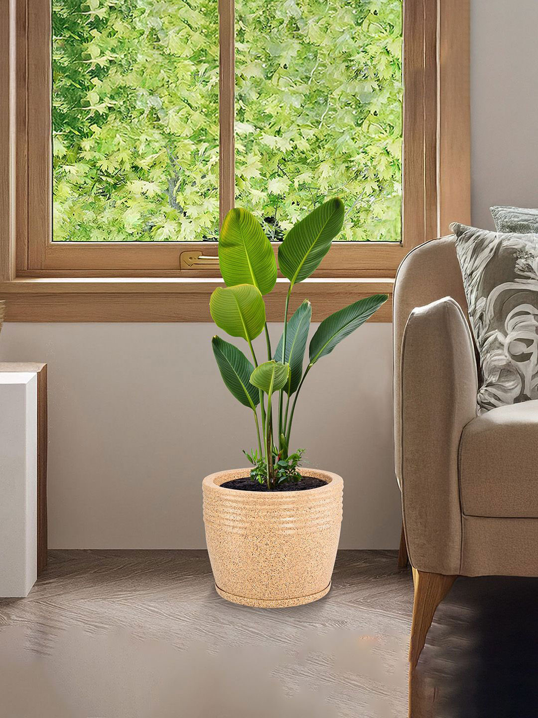 Kuber Industries Brown Textured Roto Mould Flower Planters With Tray