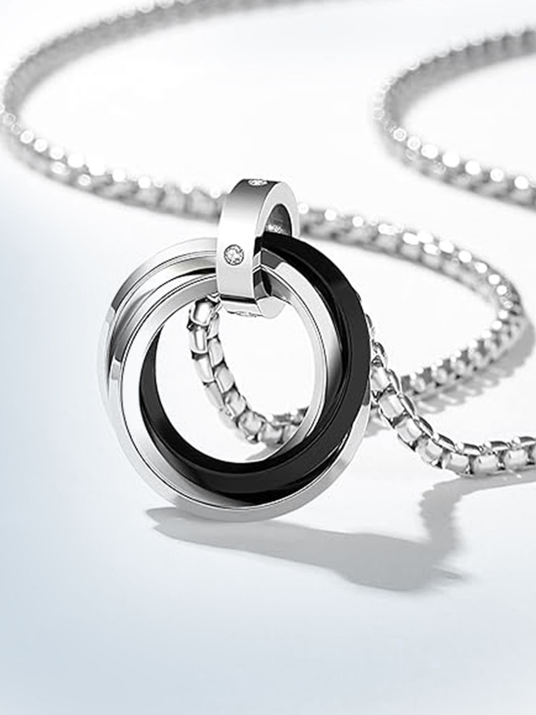 Peora Men Silver-Plated Stainless Steel Fancy Ring Style Circular Pendant with Chain