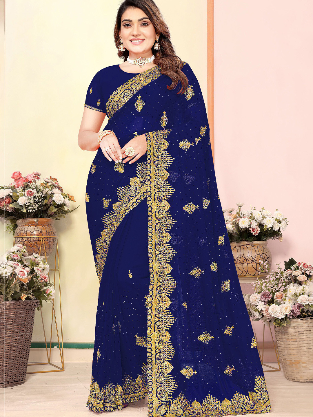 KHRITI FAB Floral Embroidered Pure Georgette Heavy Work Saree