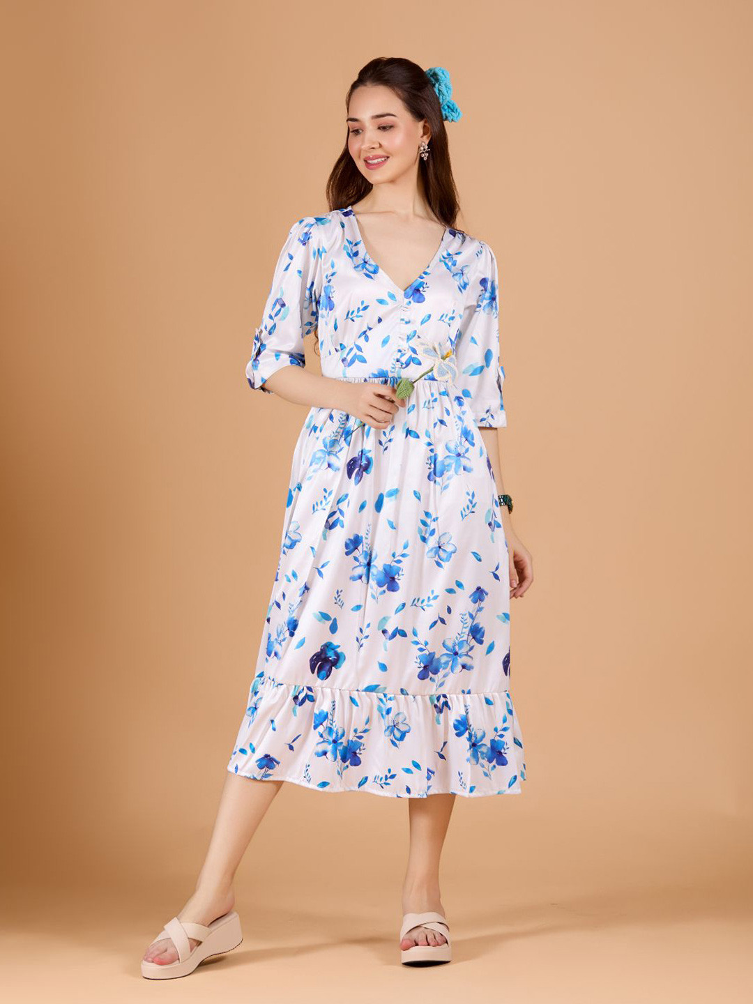 DressBerry Women's White Floral Print Poly Satin Calf Length Dress