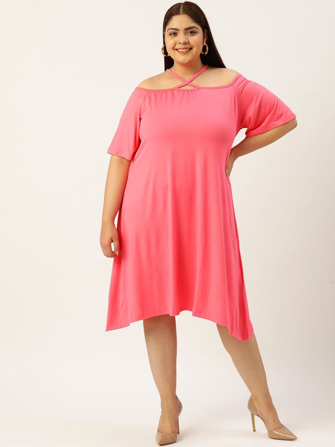 theRebelinme Women Plus Size Halter Neck Flared Sleeves A-Line Midi Dress