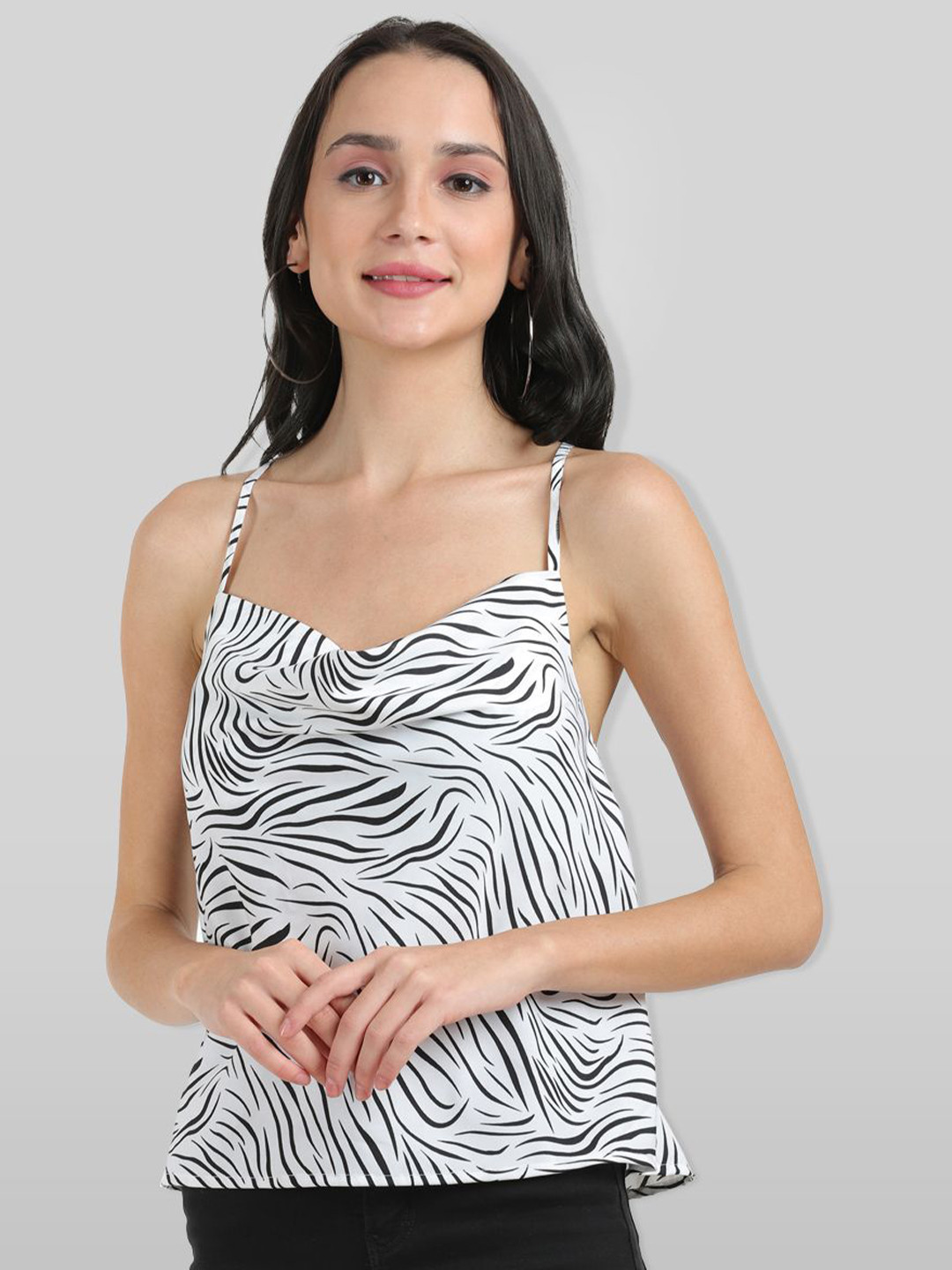 Fuchsia Women White Printed Cowl Neck Crop Top