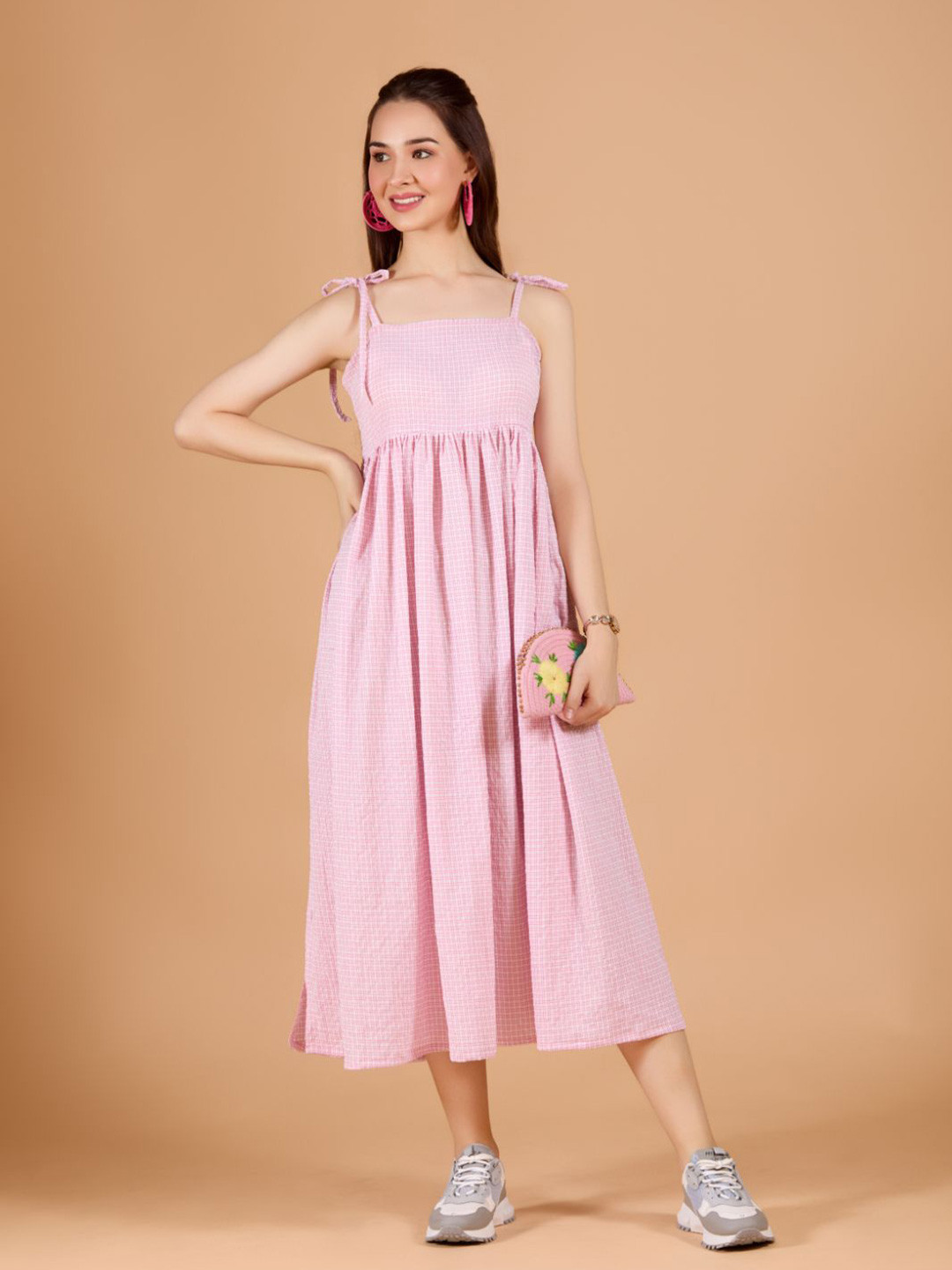 DressBerry Womens Baby Pink Checkered Poly Rayon Calf Length Dress