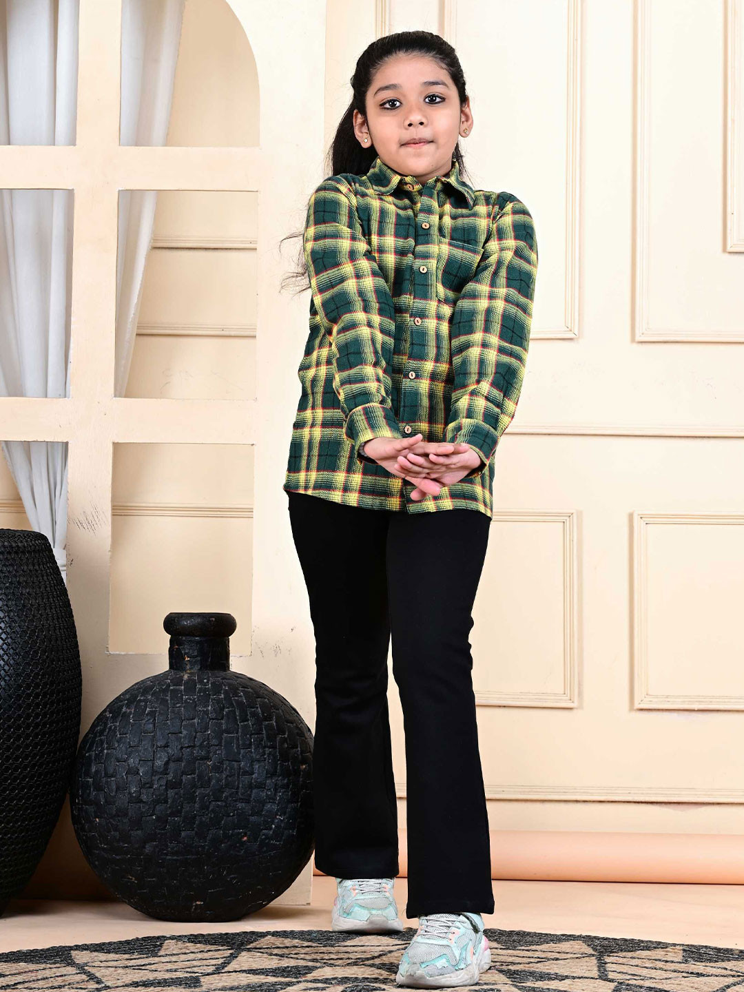 GIANNA Unisex Kids Spread Collar Tartan Checked Cotton Casual Shirt