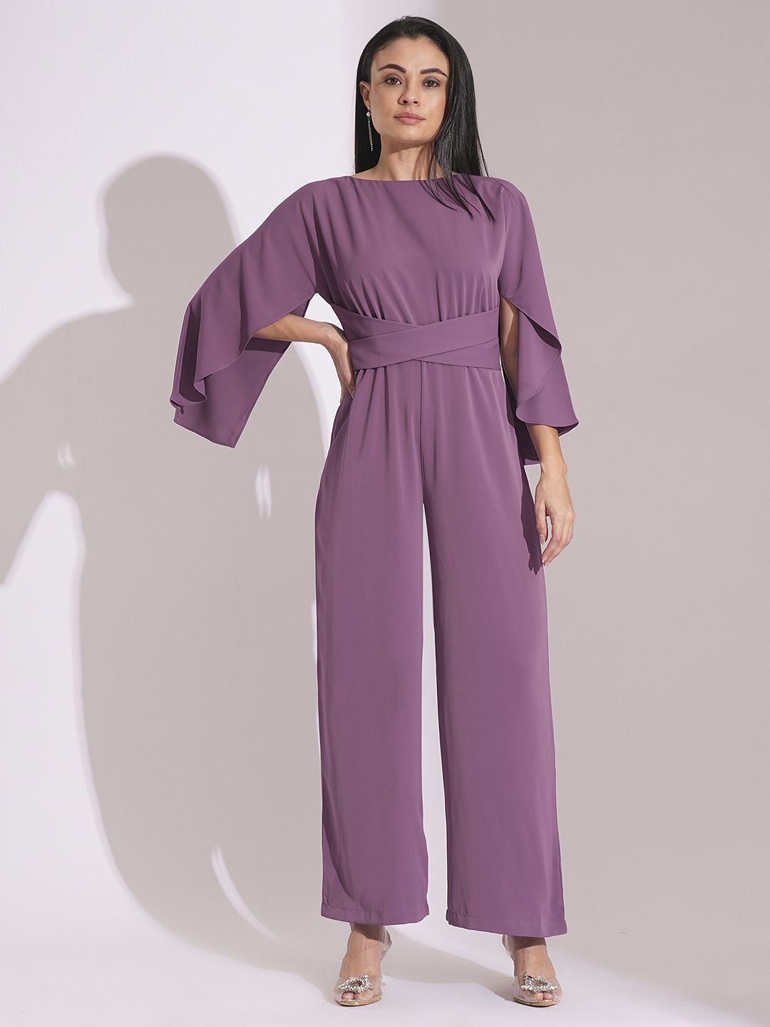 Globus Boat Neck Cape Sleeves Criss Cross Waist Tie-Up Detail Satin Party Jumpsuit