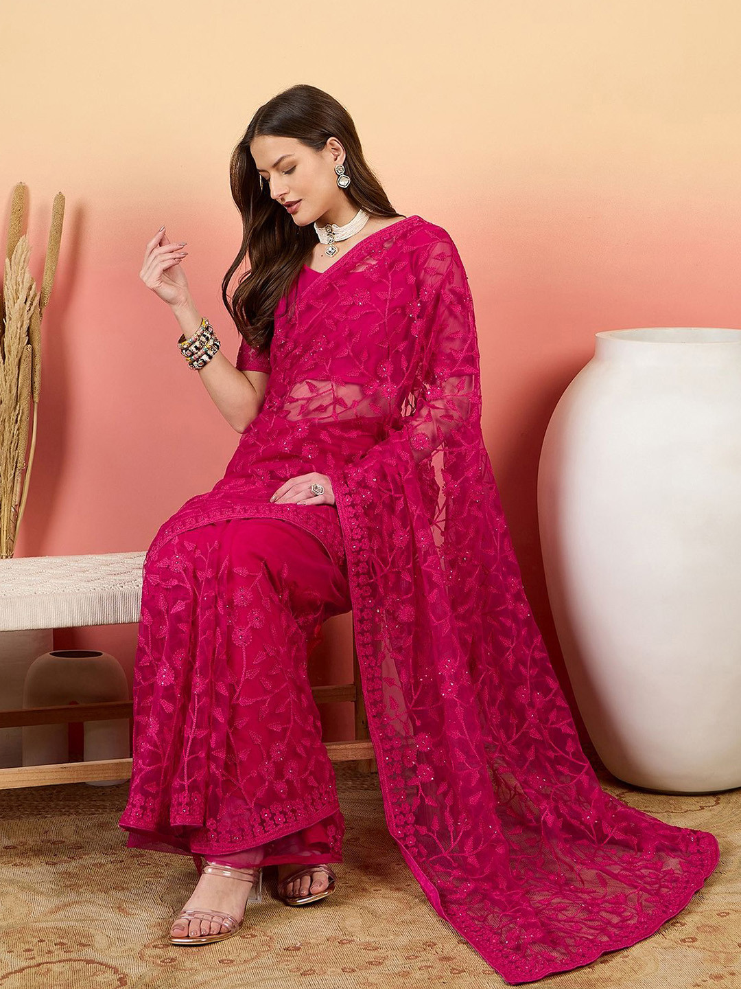 Sangria Embroidered Net Saree With Unstitched Blouse