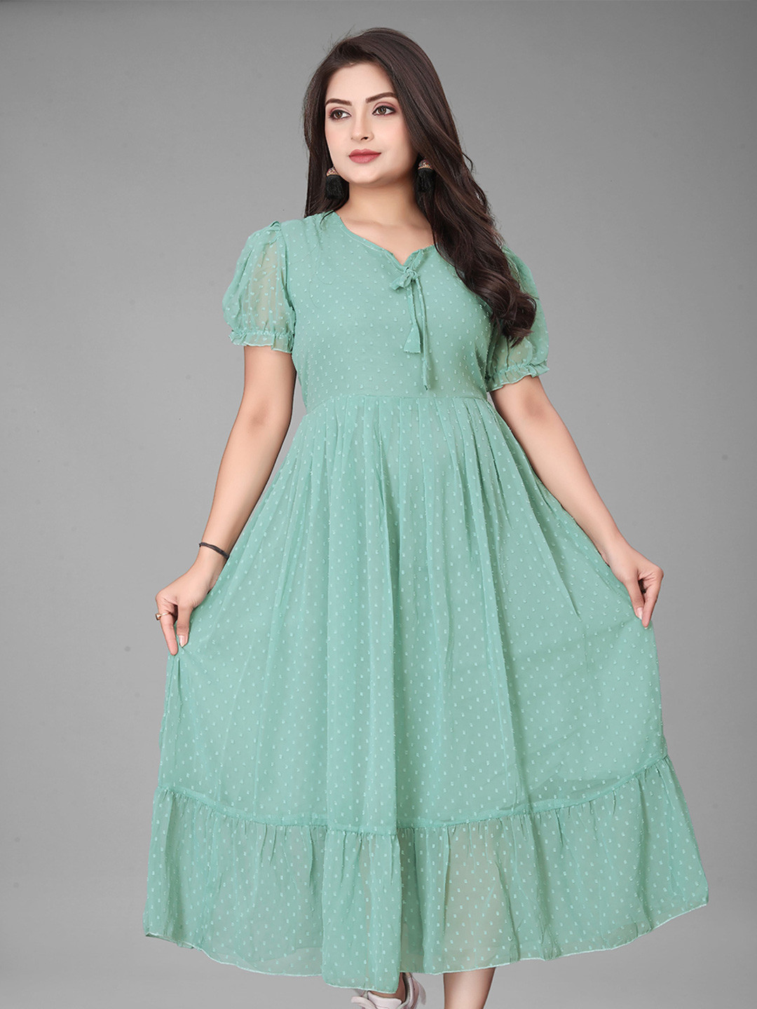 QENA Polka Dot Print Puff Sleeve Georgette Maxi Midi Dress