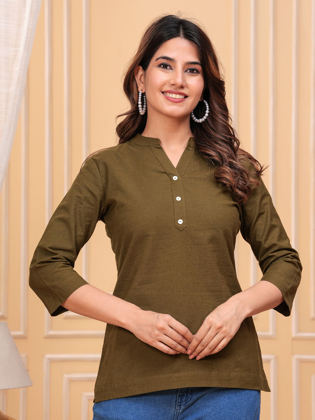 KALINI Mandarin Collar Linen Shirt Style Top