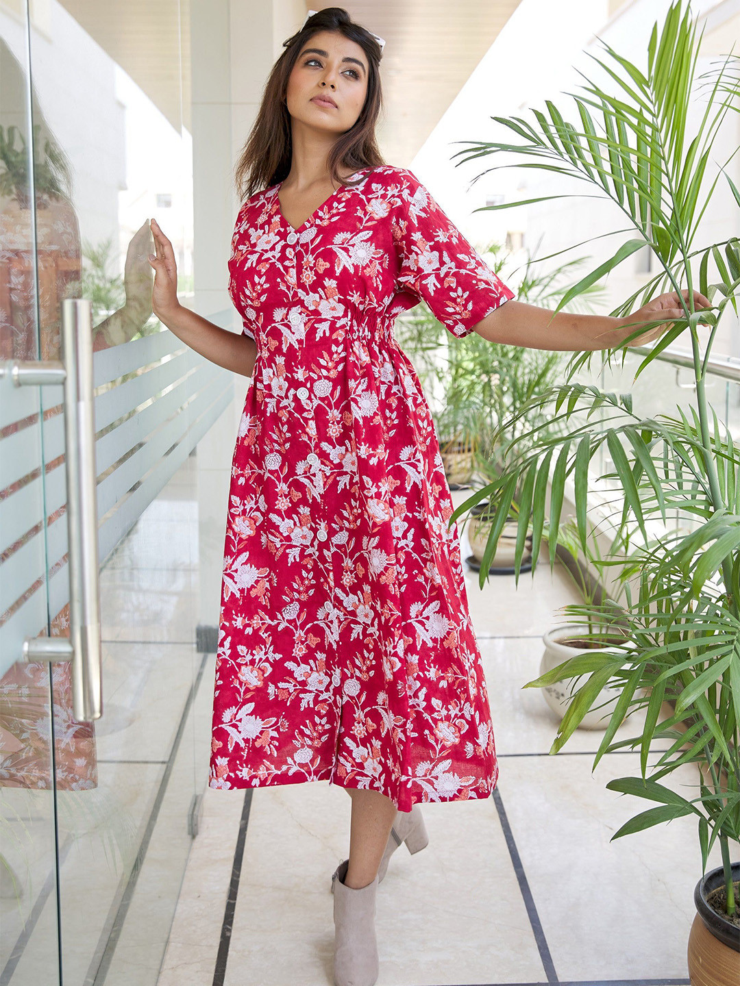NANGALIA RUCHIRA Red Floral Cotton Maxi Button Down Dress