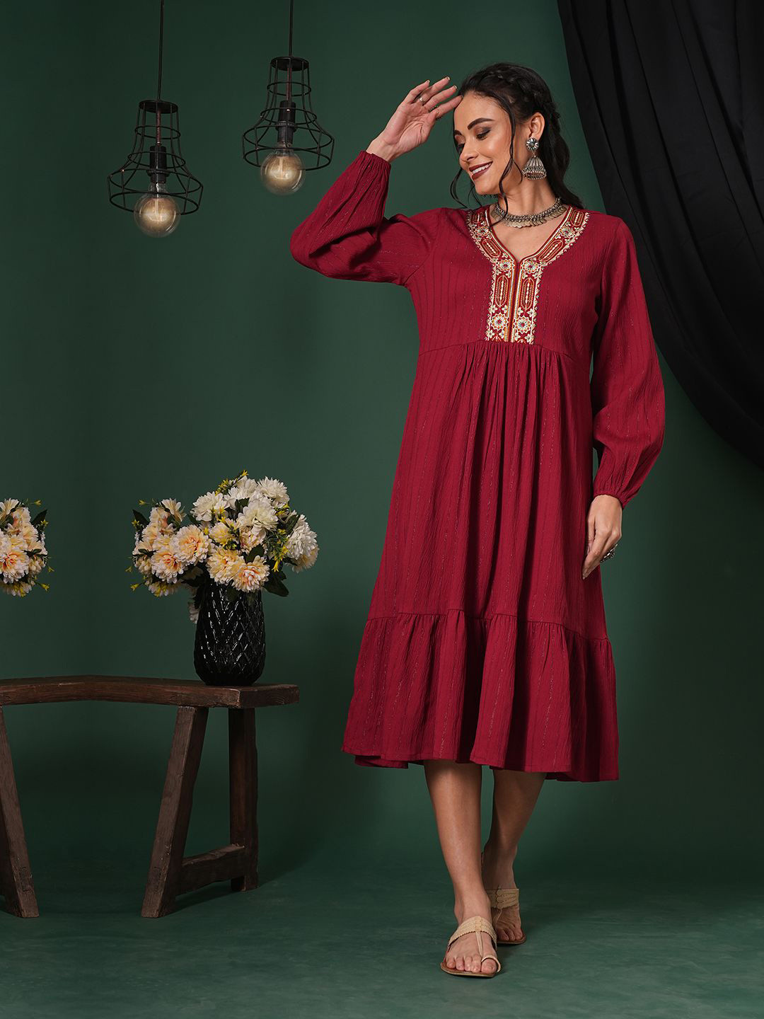 Globus Embroidered V-Neck Bishop Sleeves Shimmer Tiered A-Line Midi Festive Dress