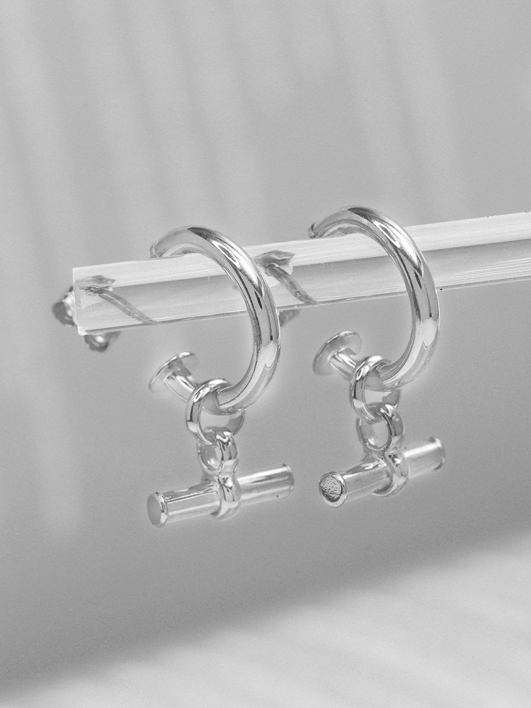 LeCalla 925 Sterling Silver T Bar Charm C Half Hoop Earrings