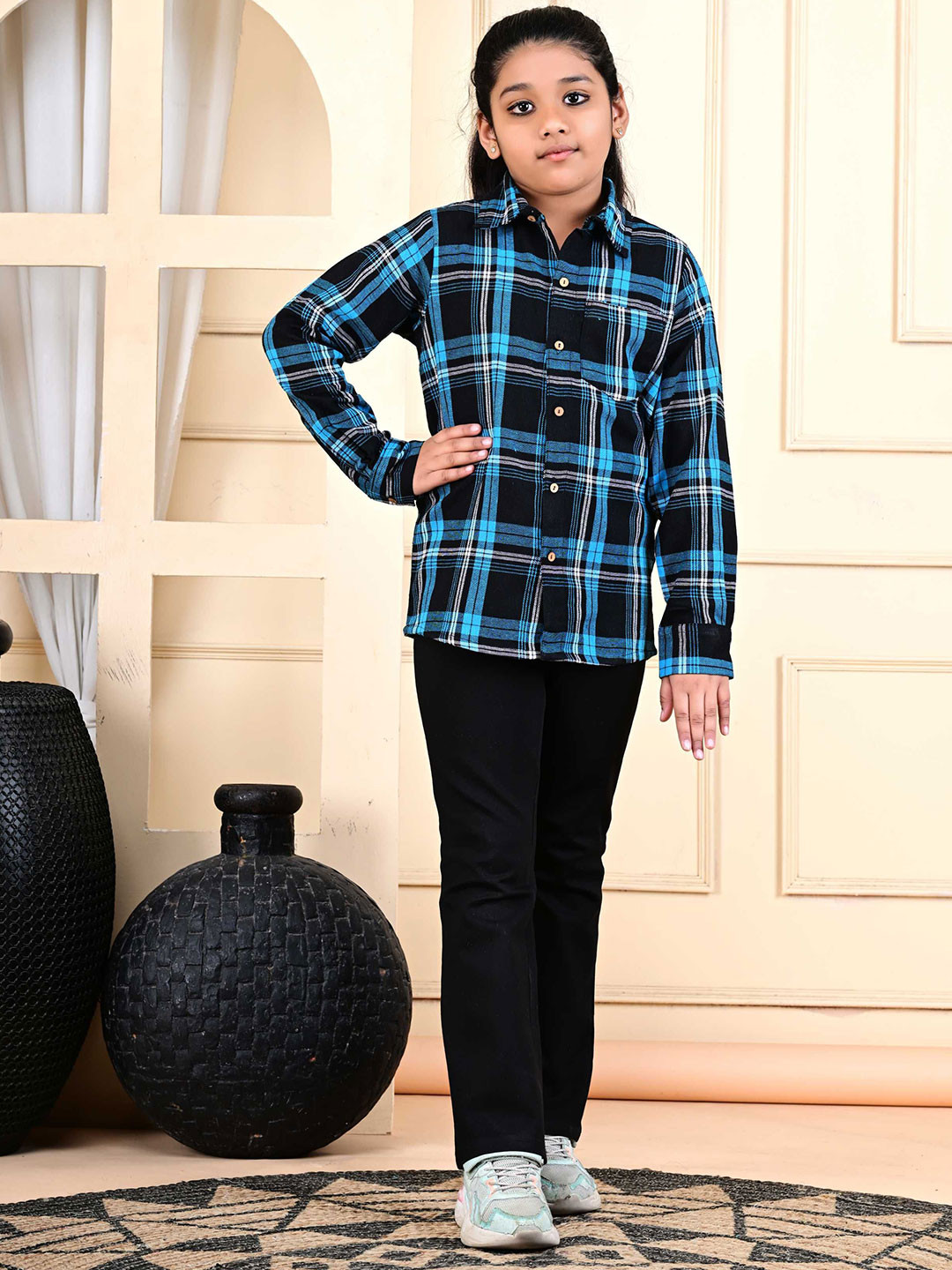 GIANNA Unisex Kids Spread Collar Tartan Checked Cotton Casual Shirt