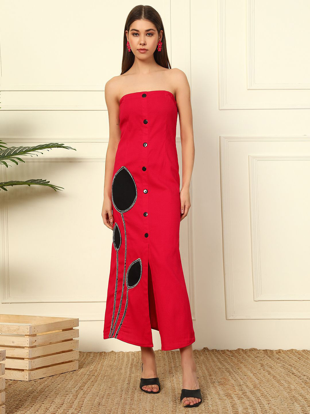 DEEBACO Women Off-Shoulder Embroidered Bodycon Midi Dress