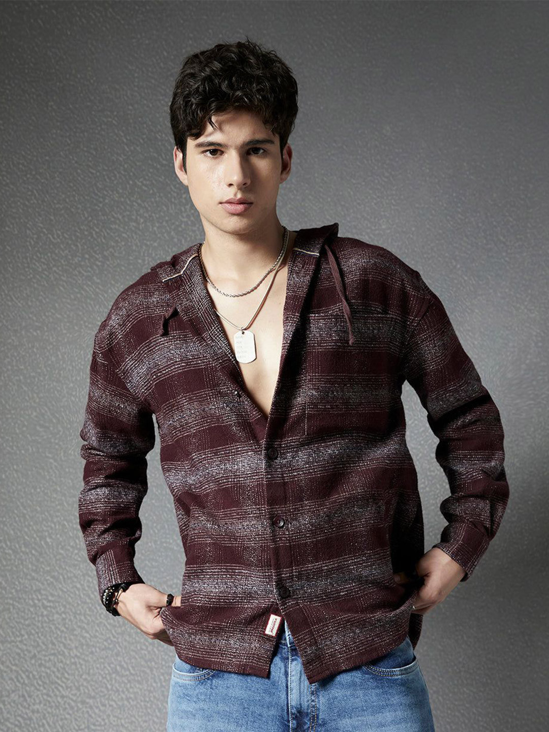 VOLTEDGE Men Classic Relaxed Fit Hood Horizontal Striped Cotton Casual Shirt