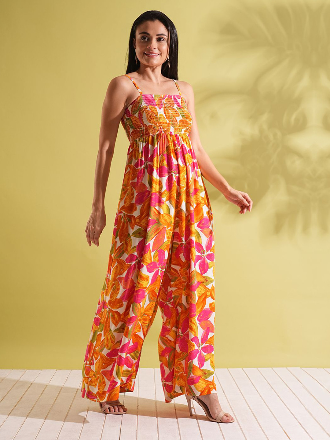 Globus Square Neck Adjustable Strappy Shoulder Smocked Floral Print Wide Leg Jumpsuit