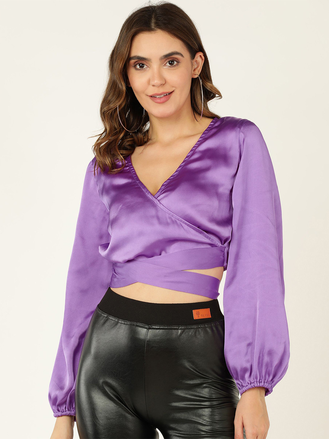 MISS HAUTE Women V-Neck Puff Sleeve Satin Wrap Crop Top With Tie-Ups Details