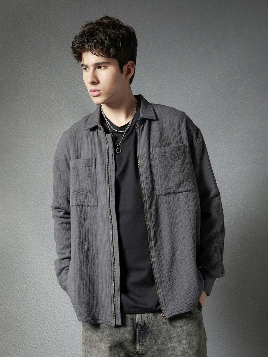 Voltedge Men Relaxed Fit Full Zip Street Look Olive And  Checked Shacket