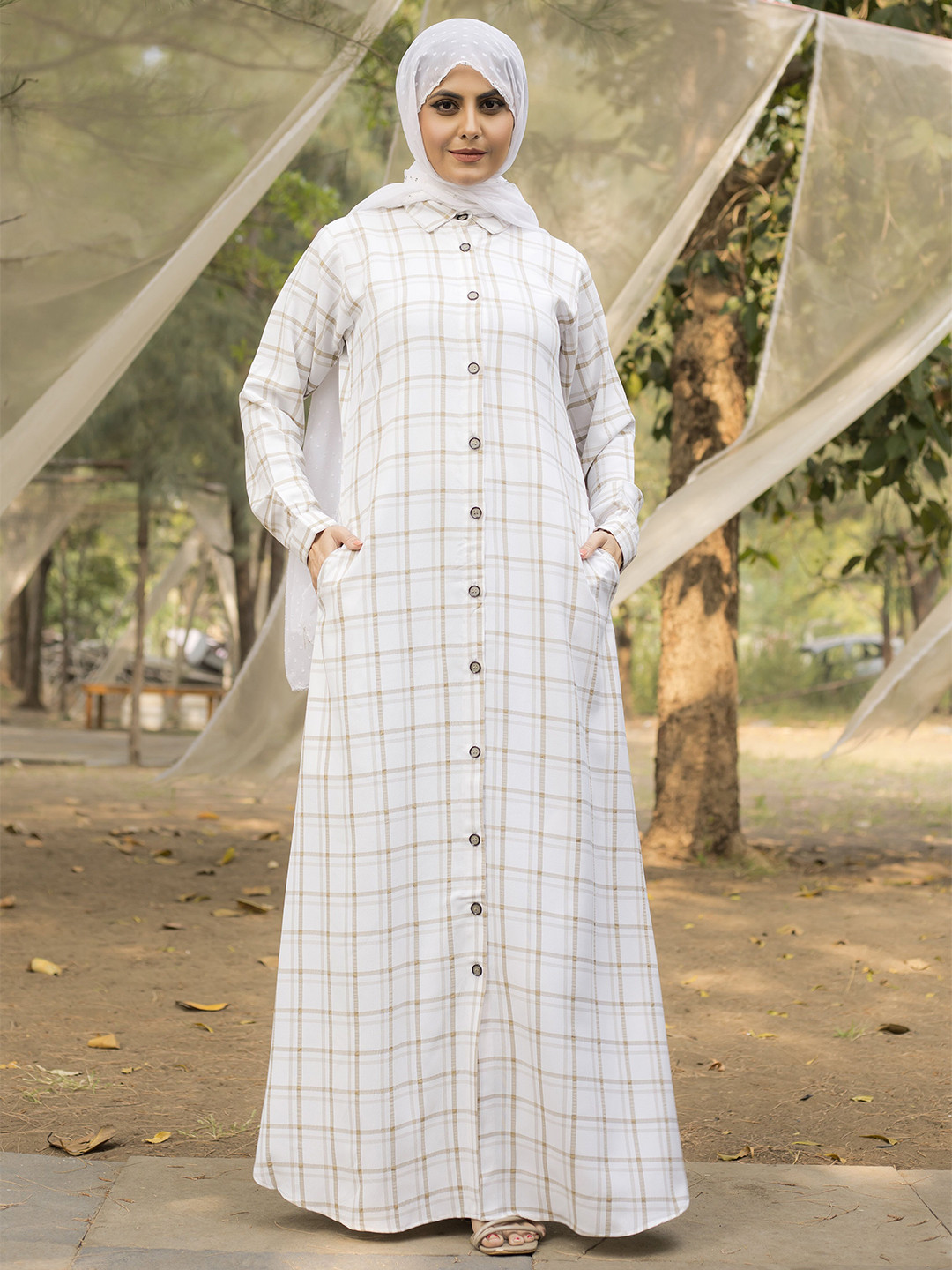 SARINKU Cotton Checked Shirt Abaya Maxi Dress
