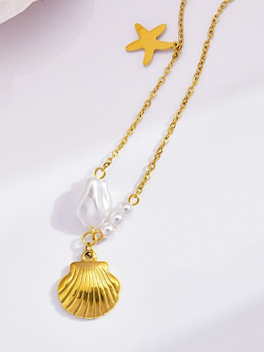 VIEN Gold-Plated Starfish Pearl Fish Tail Stainless Steel Chain