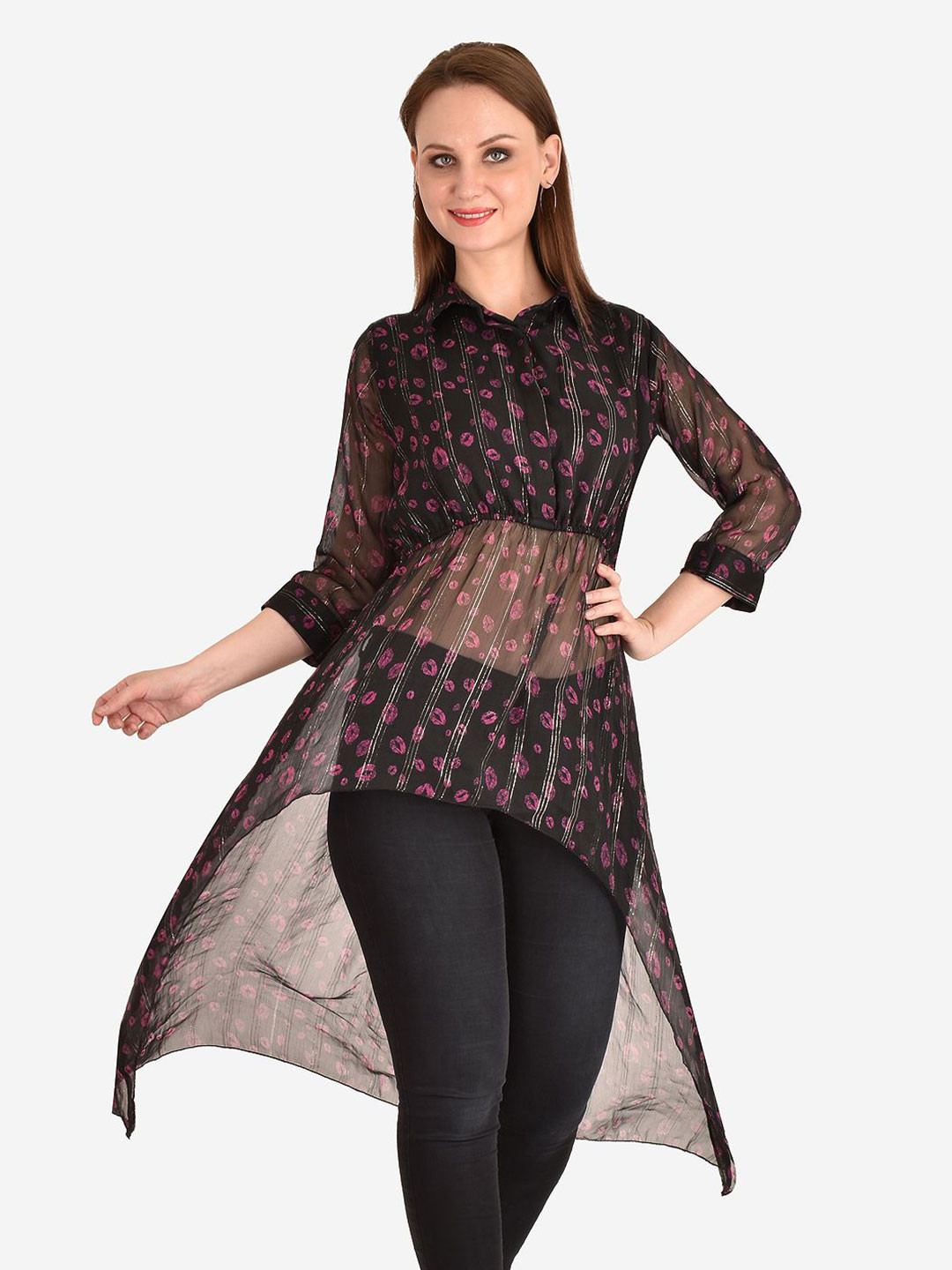 MISS HAUTE Floral Print Georgette High-Low Longline Top