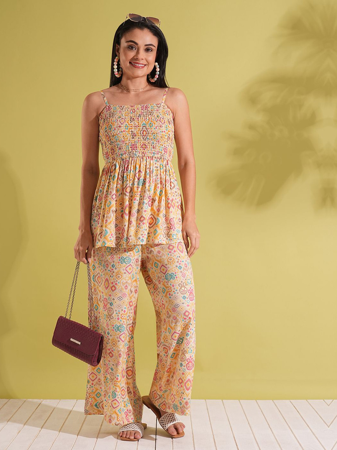 Globus Indie Print Strappy Shoulder Smocked Peplum Top & Palazzos Fusion Co-Ord Set